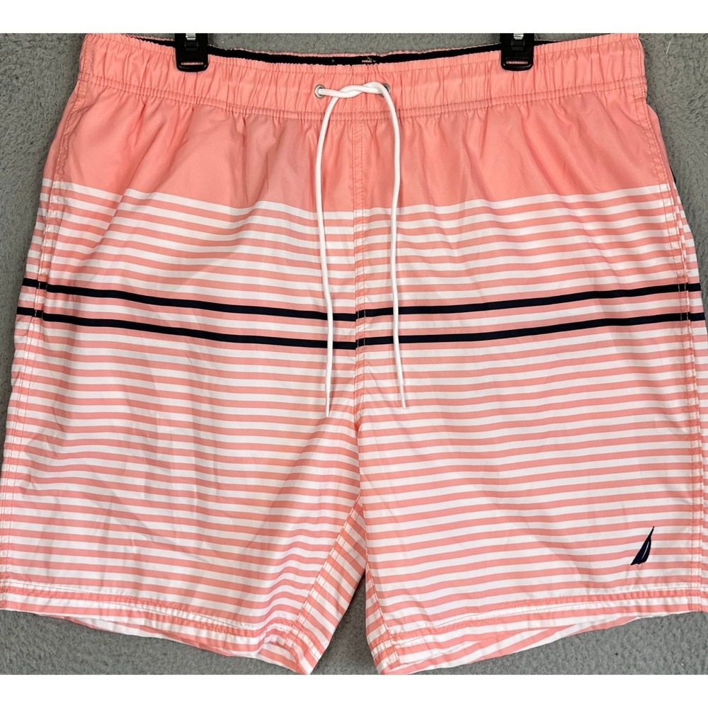 NEW Nautica‎ Swim Trunks Mens XL Pink White Striped Mesh Lined Board Shorts Logo